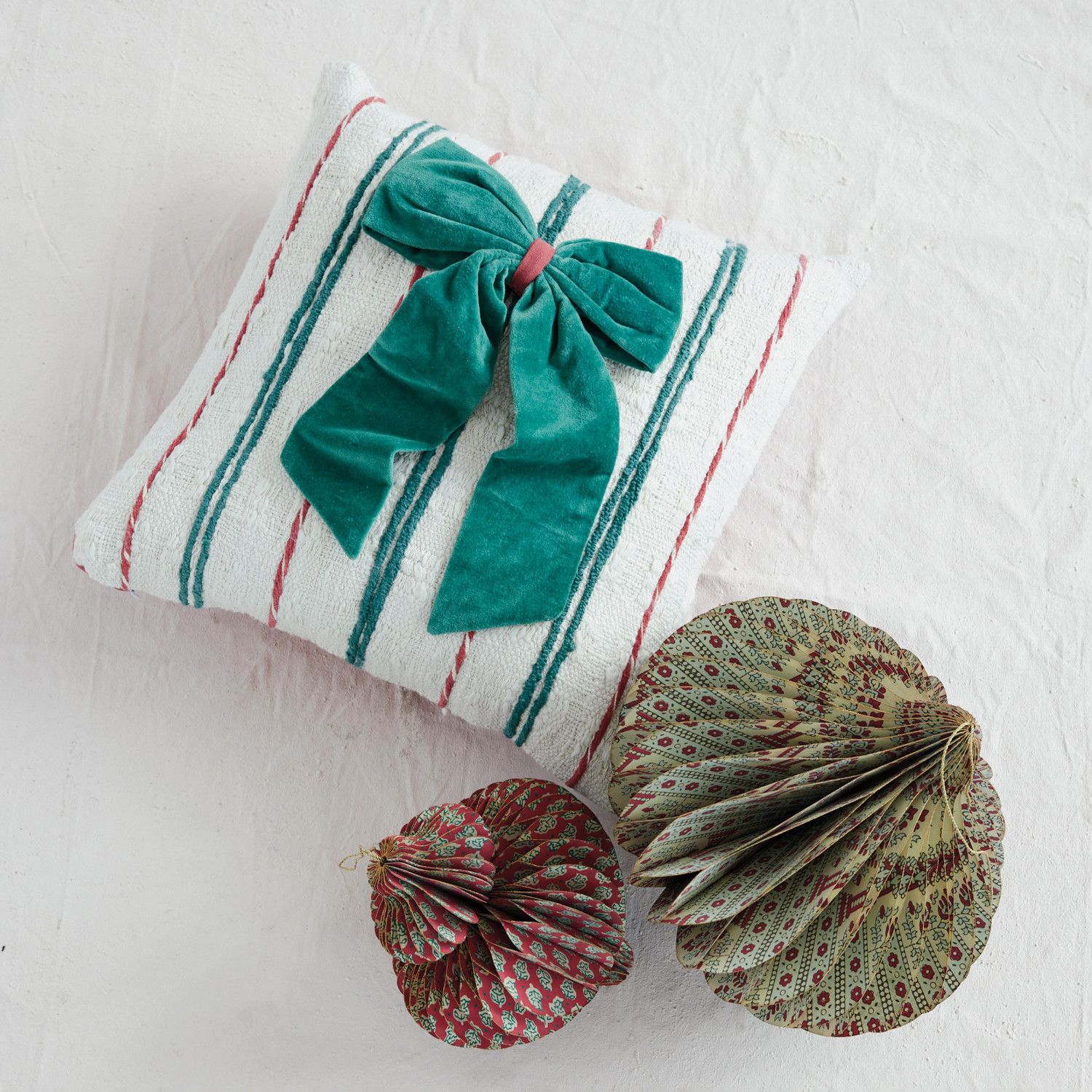 18" Square Cotton Slub Pillow with Embroidered Stripes &amp; Velvet Bow