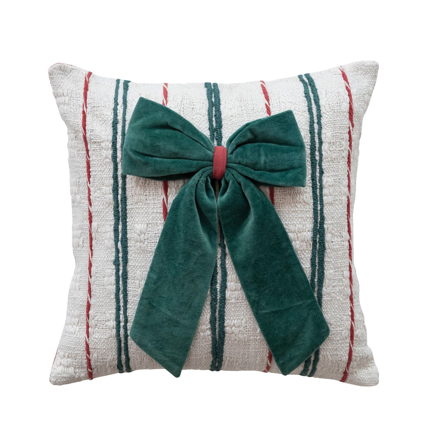 18" Square Cotton Slub Pillow with Embroidered Stripes &amp; Velvet Bow