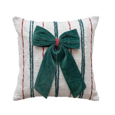 18" Square Cotton Slub Pillow with Embroidered Stripes &amp; Velvet Bow