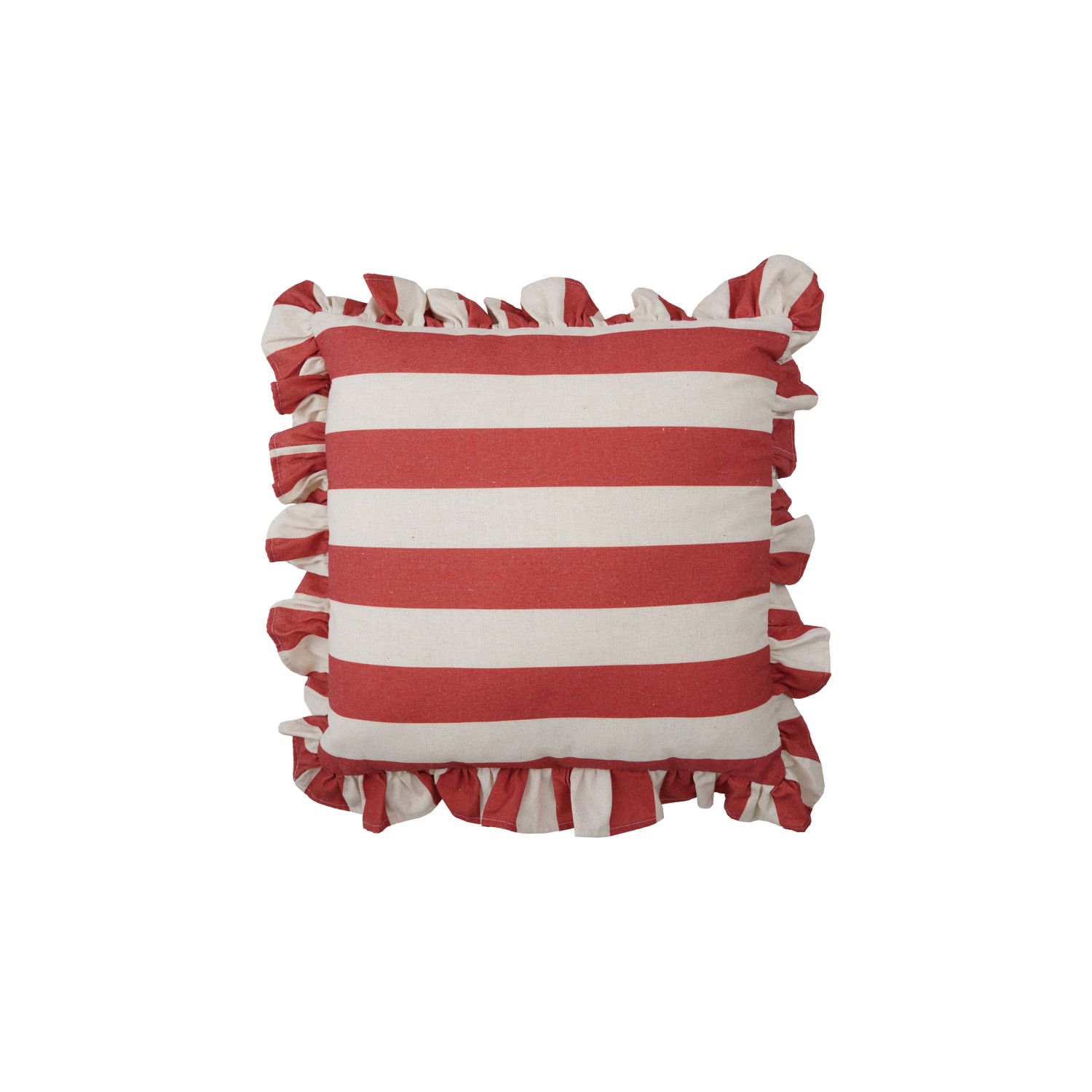 18" Square Fabric Striped Pillow with Ruffle, Red &amp; Natural