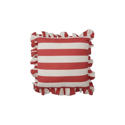 18" Square Fabric Striped Pillow with Ruffle, Red &amp; Natural