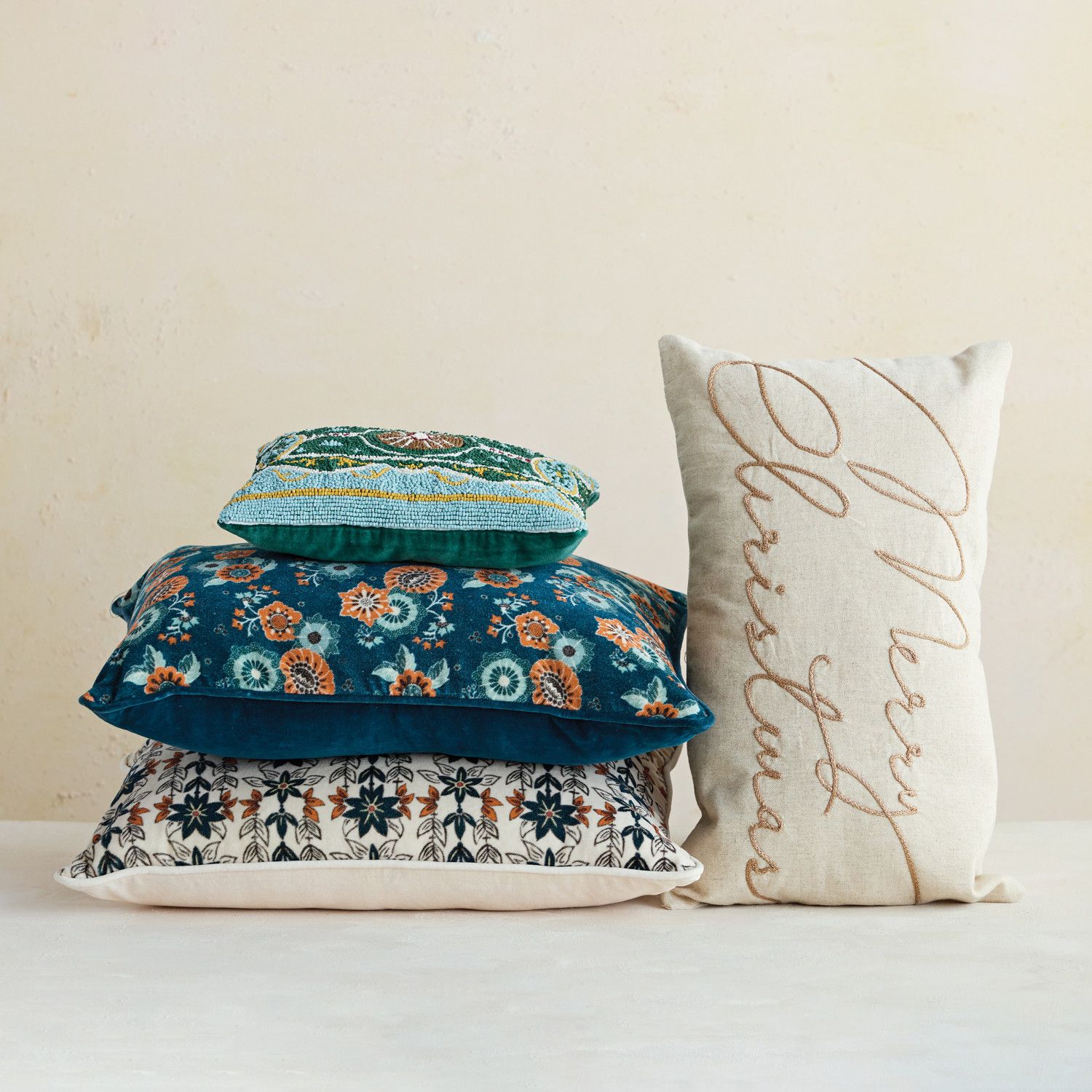 Cotton &amp; Linen Lumbar Pillow with Embroidered "Merry Christmas", Natural &amp; Copper Color