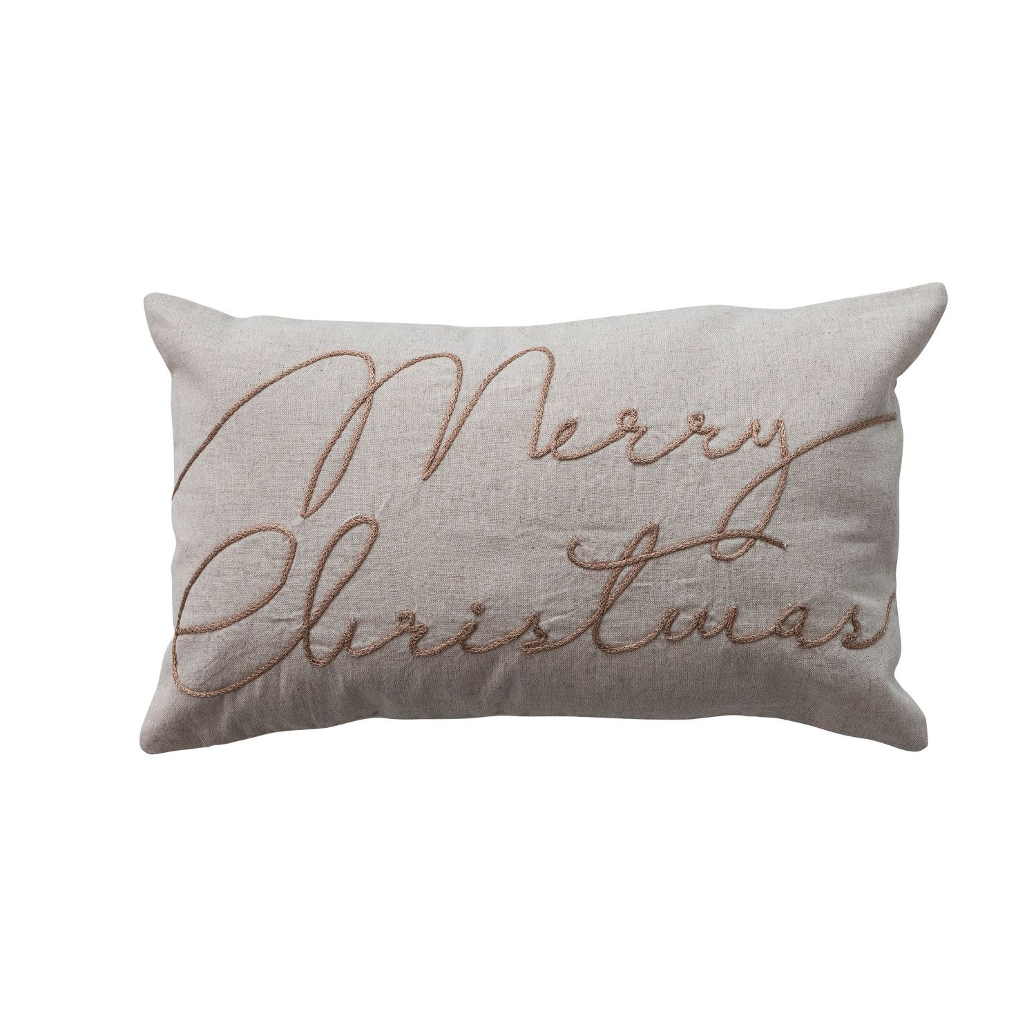 Cotton &amp; Linen Lumbar Pillow with Embroidered "Merry Christmas", Natural &amp; Copper Color