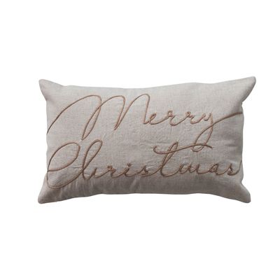 Cotton &amp; Linen Lumbar Pillow with Embroidered "Merry Christmas", Natural &amp; Copper Color