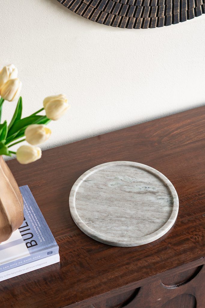 10" Round Marble Tray with Natural Gray Finish