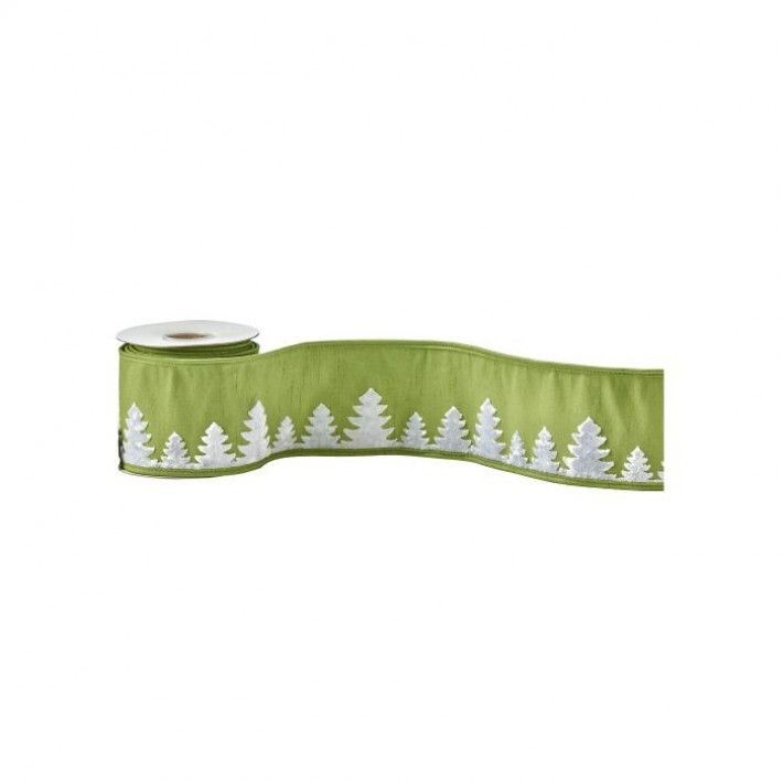 4" X 5 YD GREEN RIBBON WITH IVORY TREES