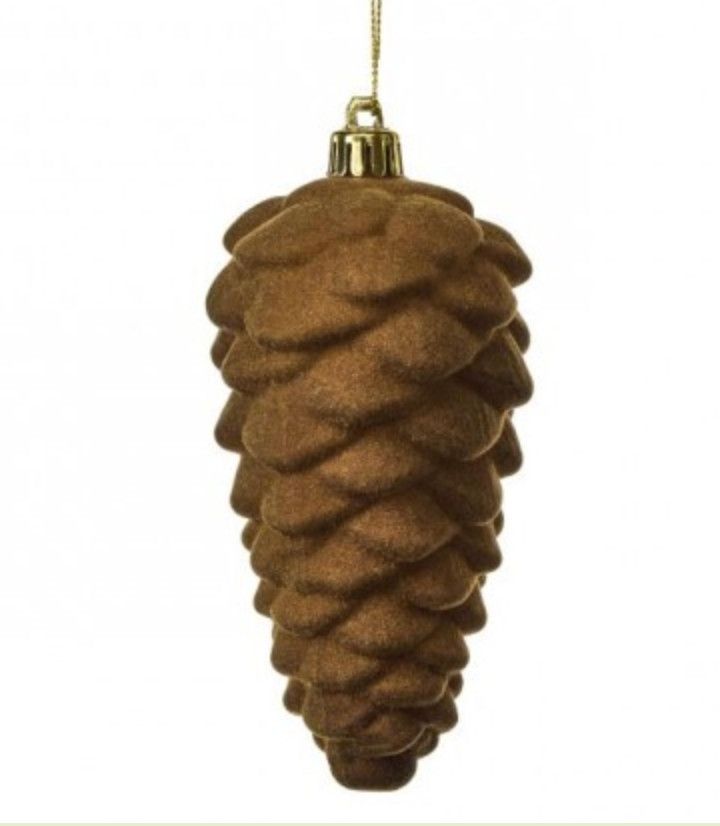 6" BROWN FLOCKED PINECONE ORNAMENT, EACH