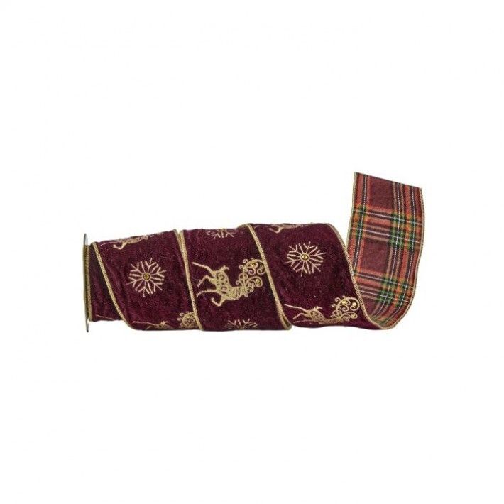 4in.X5Y BURGUNDY/GOLD EMB VELVET DEER/PLAID RIBBON