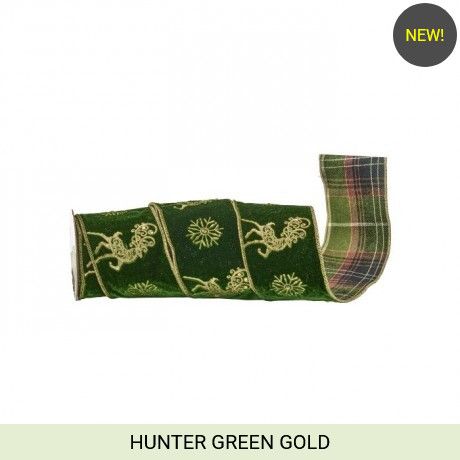 4"X5Y GREEN/GOLD EMB VELVET DEER/PLAID RIBBON
