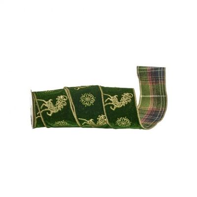 4"X5Y GREEN/GOLD EMB VELVET DEER/PLAID RIBBON