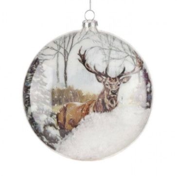 6in. GLASS W/SNOW DEER DISK ORNAMENT