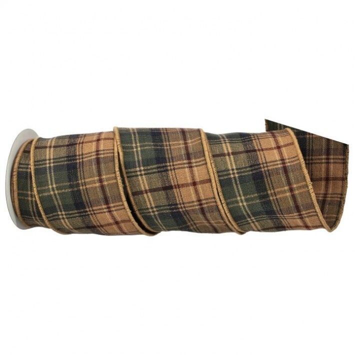 4in.X5Y TAN/GREEN COTTON HIGHLANDS PLAID RIBBON
