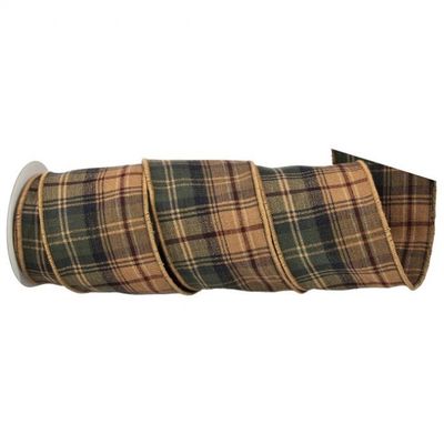 4in.X5Y TAN/GREEN COTTON HIGHLANDS PLAID RIBBON