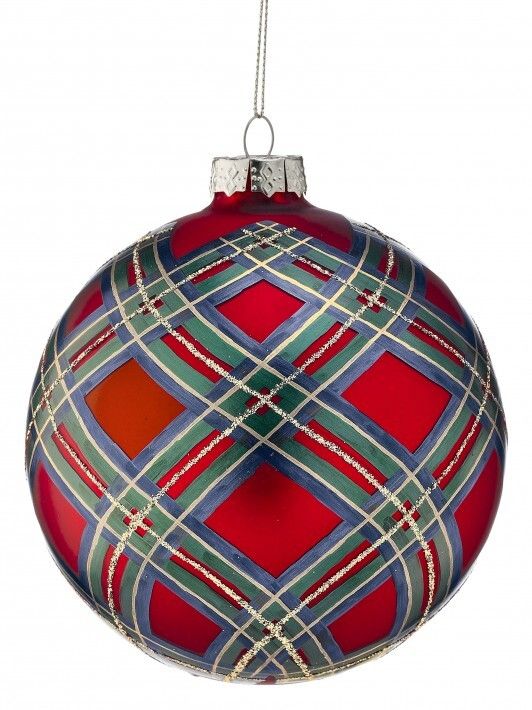 5in. GLASS GENTLEMEN PLAID ORNAMENT RED BLUE GREEN