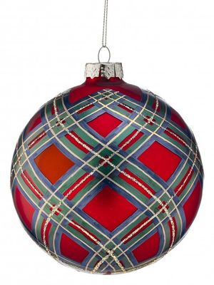 5in. GLASS GENTLEMEN PLAID ORNAMENT RED BLUE GREEN