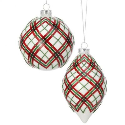 5"  RED/GREEN GLASS PLAID BALL/FINIAL ORNAMENT 2/ASST
