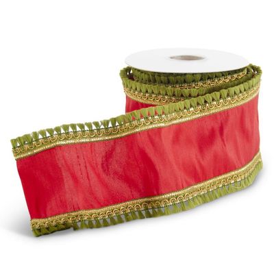 4" Red Ribbon w/Wired Green Fringe Trim