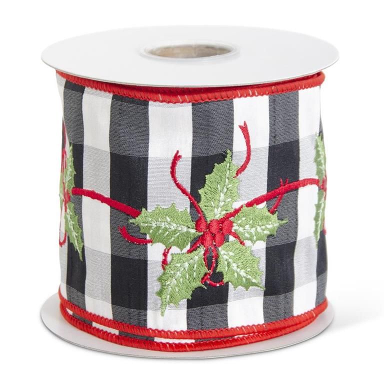 4" Black &amp; White Plaid Red Wired Edged Ribbon