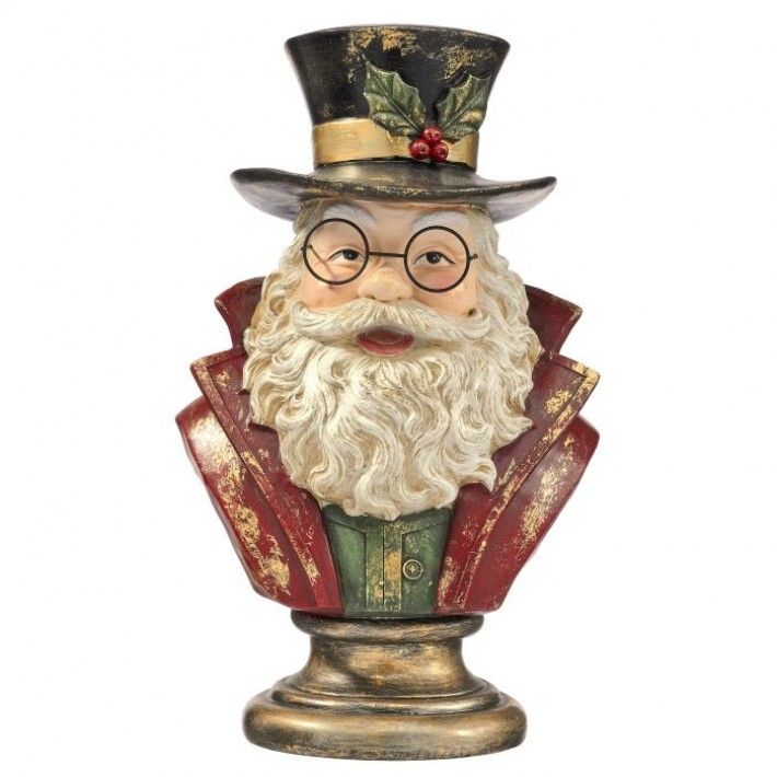 13" ANTQ GOLD SANTA BUST ON PEDESTAL