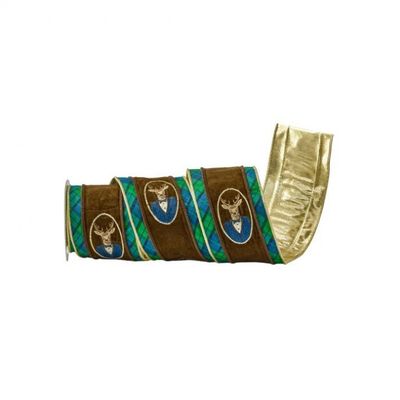 4"X5Y GREEN/BROWN DEER BUST RIBBON W/PLAID