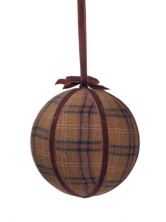 6" PLAID VELVET BALL ORNAMENT CAMEL