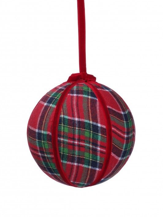6" PLAID VELVET BALL ORNAMENT RED