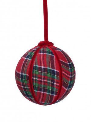 6" PLAID VELVET BALL ORNAMENT RED