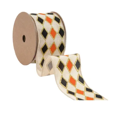 2.5"X10YD WIRED BLACK/ORANGE DIAMOND PATTERN RIBBON