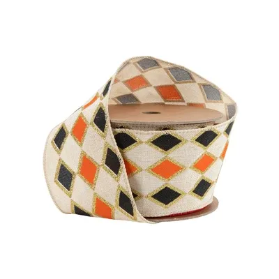 2.5"X10YD WIRED BLACK/ORANGE DIAMOND PATTERN RIBBON
