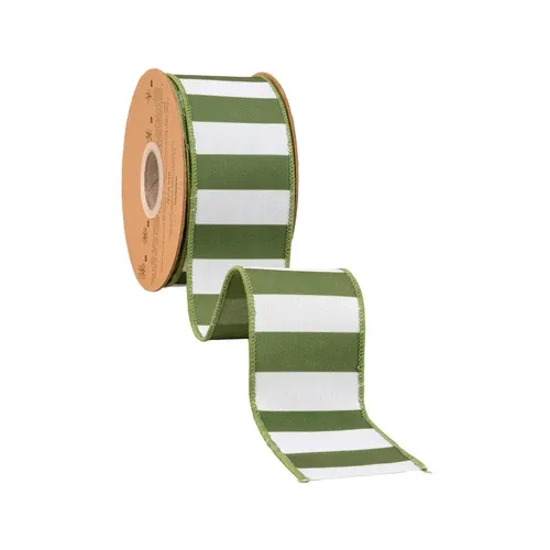 2.5"X10YD WIRED GREEN WHITE STRIPE RIBBON