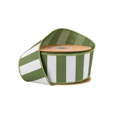 2.5"X10YD WIRED GREEN WHITE STRIPE RIBBON