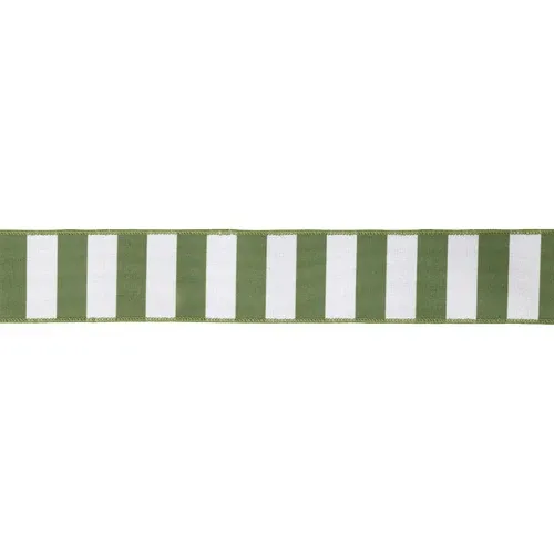 2.5"X10YD WIRED GREEN WHITE STRIPE RIBBON