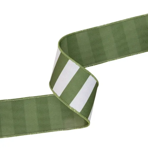 2.5"X10YD WIRED GREEN WHITE STRIPE RIBBON