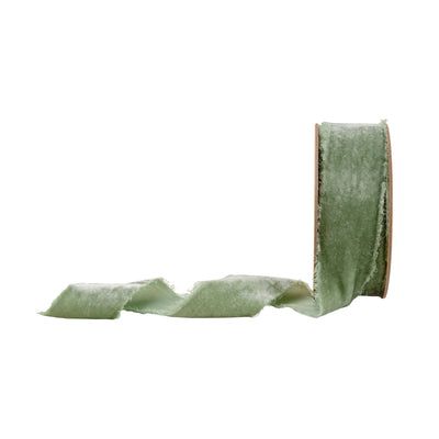 1.5"X5YD SAGE GREEN VELVET FRAYED RIBBON - NON WIRED