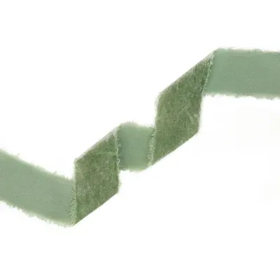 1.5"X5YD SAGE GREEN VELVET FRAYED RIBBON - NON WIRED