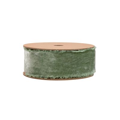 1.5"X5YD SAGE GREEN VELVET FRAYED RIBBON - NON WIRED