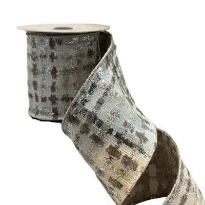 4" x 10yds jacquard cross check, taupe-silver
