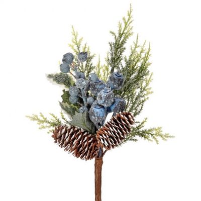14" BLUE WEATHERPROOF BEADED BERRY CEDAR CONE PICK