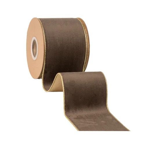 4” Classic Velvet Wired Ribbon | Brown w/ Gold Shimmer Satin Backing | 10 Yard Roll