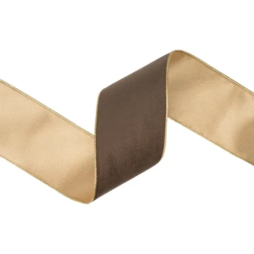 4” Classic Velvet Wired Ribbon | Brown w/ Gold Shimmer Satin Backing | 10 Yard Roll