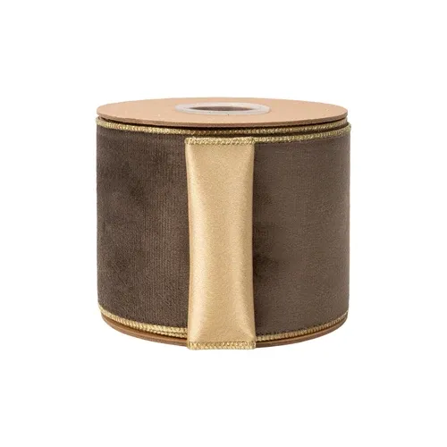 4” Classic Velvet Wired Ribbon | Brown w/ Gold Shimmer Satin Backing | 10 Yard Roll