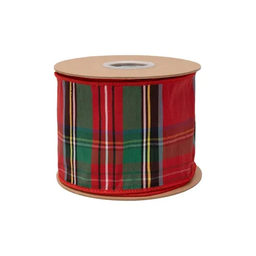 4"X10YD Wired Dupioni Ribbon | Traditional Christmas Plaid Red/Green/Blue