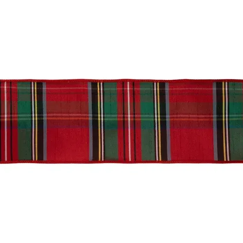 4"X10YD Wired Dupioni Ribbon | Traditional Christmas Plaid Red/Green/Blue