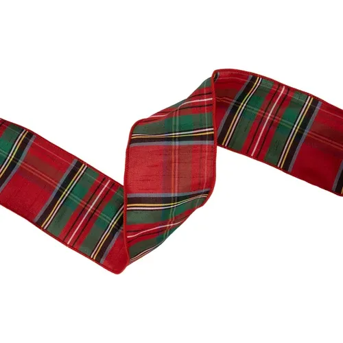 4"X10YD Wired Dupioni Ribbon | Traditional Christmas Plaid Red/Green/Blue
