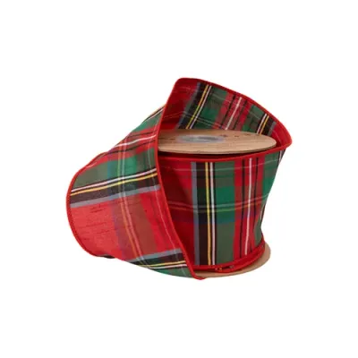 4"X10YD Wired Dupioni Ribbon | Traditional Christmas Plaid Red/Green/Blue