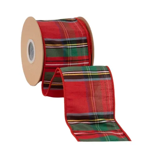4"X10YD Wired Dupioni Ribbon | Traditional Christmas Plaid Red/Green/Blue