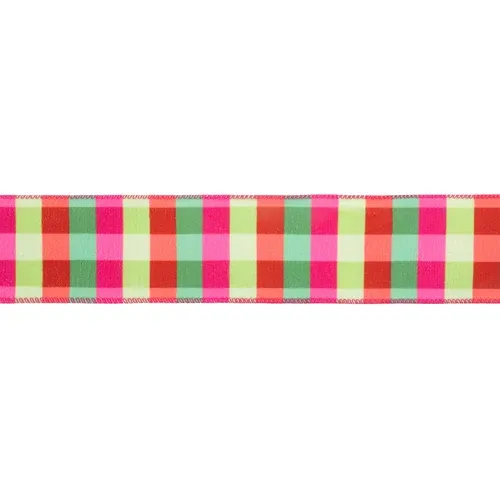 2 1/2"X10 YD Velvet Ribbon | Florescent Pink/Green Plaid w/ Pink Stripe Backing