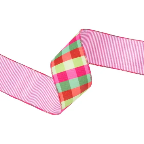 2 1/2"X10 YD Velvet Ribbon | Florescent Pink/Green Plaid w/ Pink Stripe Backing