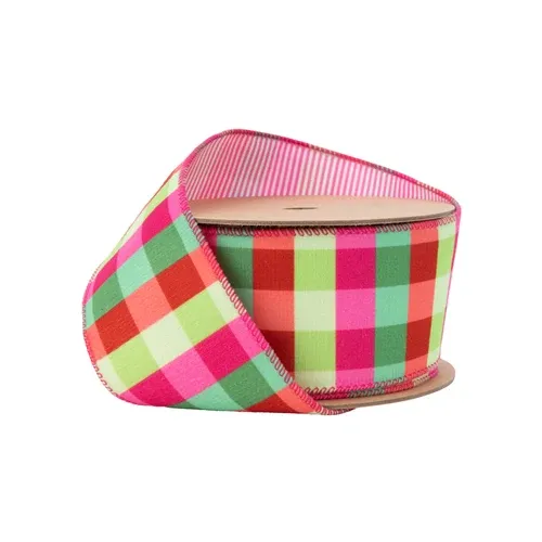 2 1/2"X10 YD Velvet Ribbon | Florescent Pink/Green Plaid w/ Pink Stripe Backing