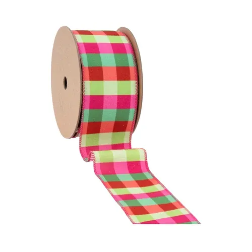 2 1/2"X10 YD Velvet Ribbon | Florescent Pink/Green Plaid w/ Pink Stripe Backing